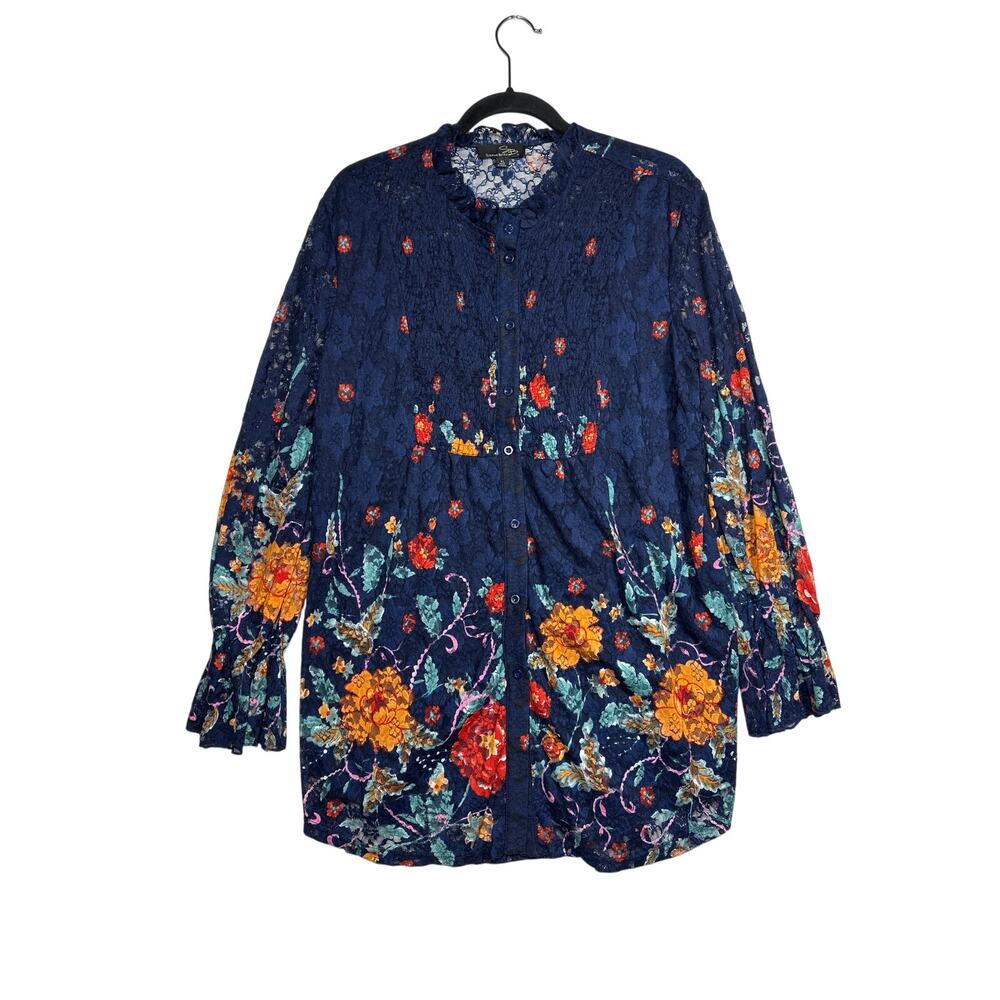 Suzanne Betro Button Up Tunic Top Floral Lace Colorful Blue Bloomcore Tall XL
